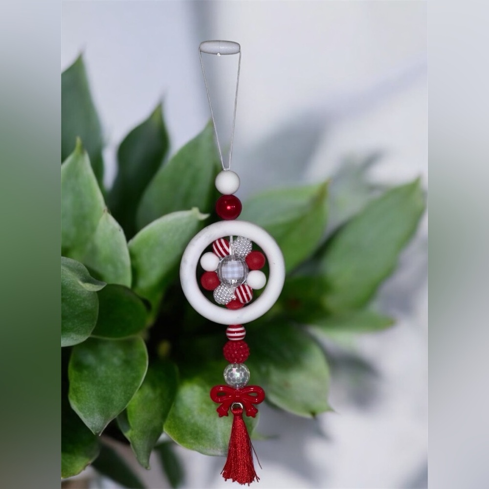 Handmade Festive Red and White Beaded Car Charm